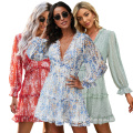 2021 Summer Wholesale Women Ruffle Bohemian Floral Printed Sexy Long Sleeves Elegant Ladies Bohemian A-Line Casual Skirt Dress